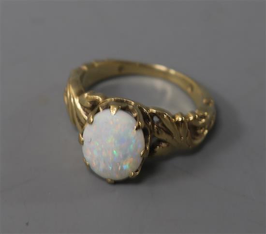 A 9ct? gold and white opal dress ring, size I.